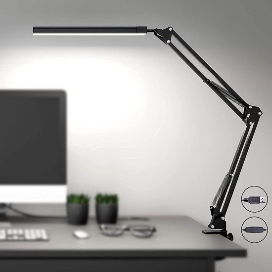 LED Bureaulamp met Klem - Oogbeschermende LED Lamp - Verstelbare Werklamp - 3 Lichtstanden - 10 Helderheidsniveaus - Zwart