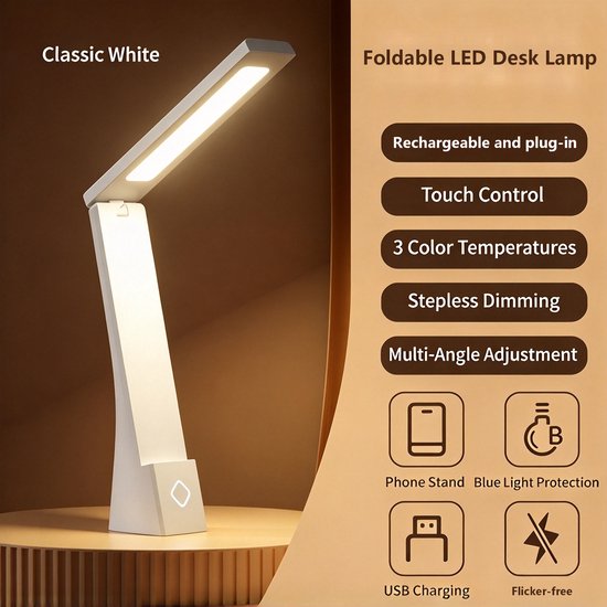 LED-bureaulamp – Oogbeschermende lamp – Aanraakbediening – 3 dimniveaus – 3 kleurmodi – 120° inklapbare bedlamp – 1200 mAh-accu – Oplaadbaar via USB – Hoogte: 28 cm – Wit