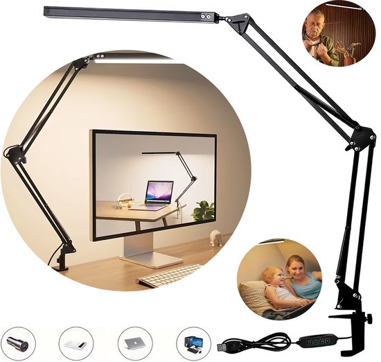 Led-Bureaulamp, Verstelbare Bureaulamp Met Zwenkarm, 3 Standen, 10 Helderheidsniveaus, Oogvriendelijke Leeslamp Voor Op Tafel.