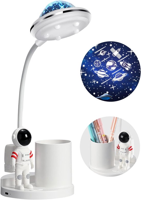 LED Desk Lamp for Kids - Astronaut Theme Portable Table Lamp with Projection and Pencil Holder - Dimmable and Rechargeable Reading Lamp for Students Dormitory Study