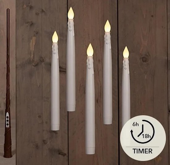 LED Kaarsen zwevend wit met toverstok en draad 29cm 5 stuks decoratie. van Wizarding World