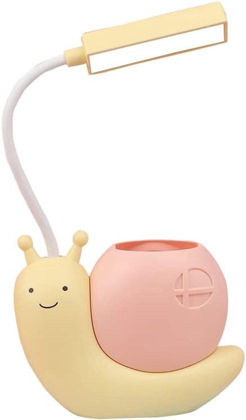 LED Kinder Bureaulamp met Pennenhouder – USB Oplaadbare Slakvormige Tafellamp – Oogbescherming Studie Lamp – 360° Verstelbare Hals – Geel
