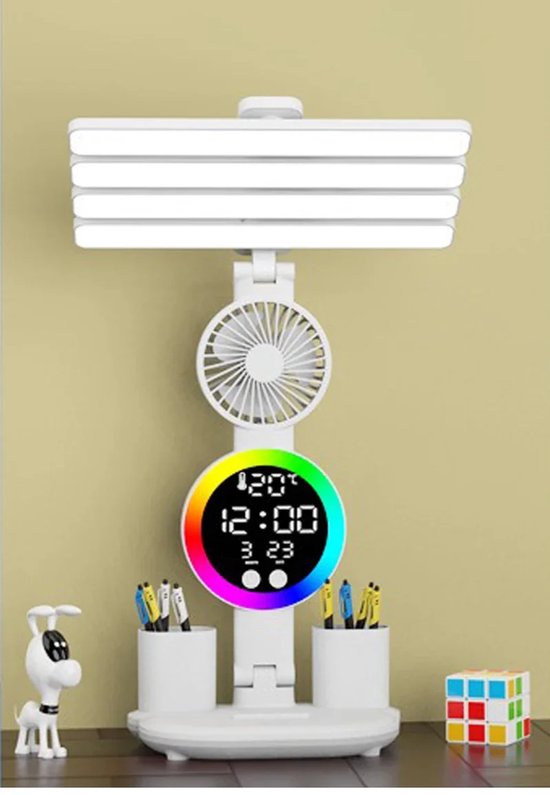 LED klok met leeslamp, Oplaadbare bureaulamp met ventilator, Multifunctionele tafellamp