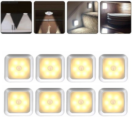 LED Lamp met Bewegingssensor, 8 LEDs Warm Wit Nachtlamp op Batterijen, Draadloze Magnetische Kastverlichting en Trapverlichting voor Gang, Badkamer, Slaapkamer, Keuken van Merkloos