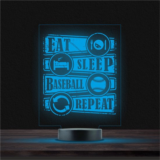 Led Lamp Met Gravering - RGB 7 Kleuren - Eat Sleep Baseball Repeat van Qvisionz