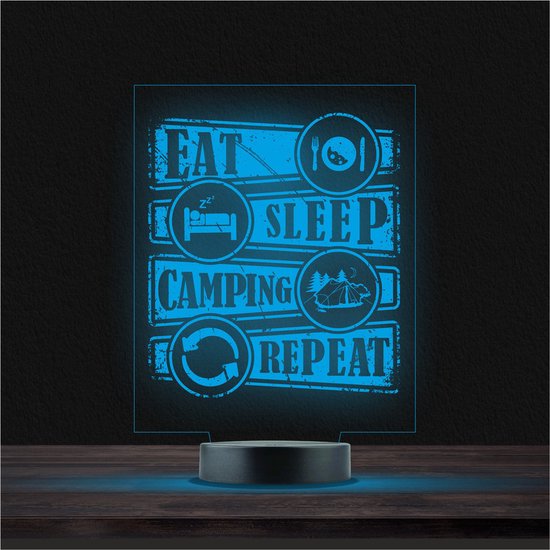 Led Lamp Met Gravering - RGB 7 Kleuren - Eat Sleep Camping Repeat van Merkloos