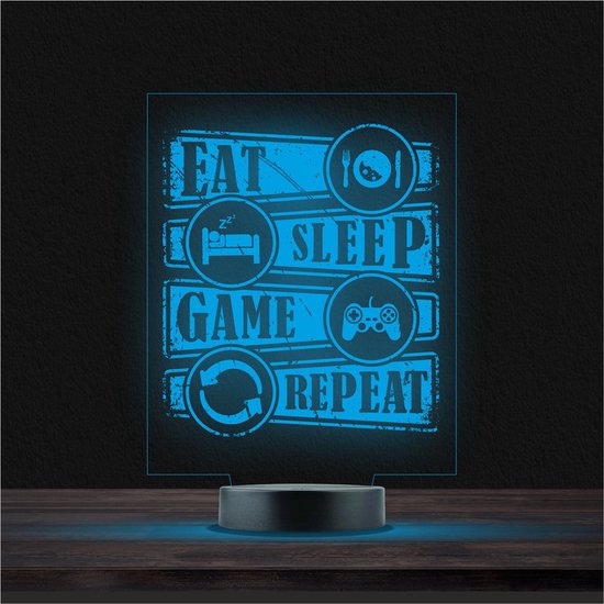 Led Lamp Met Gravering - RGB 7 Kleuren - Eat Sleep Game Repeat van Gameryo