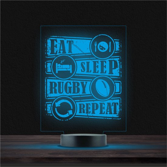 Led Lamp Met Gravering - RGB 7 Kleuren - Eat Sleep Rugby Repeat van Merkloos