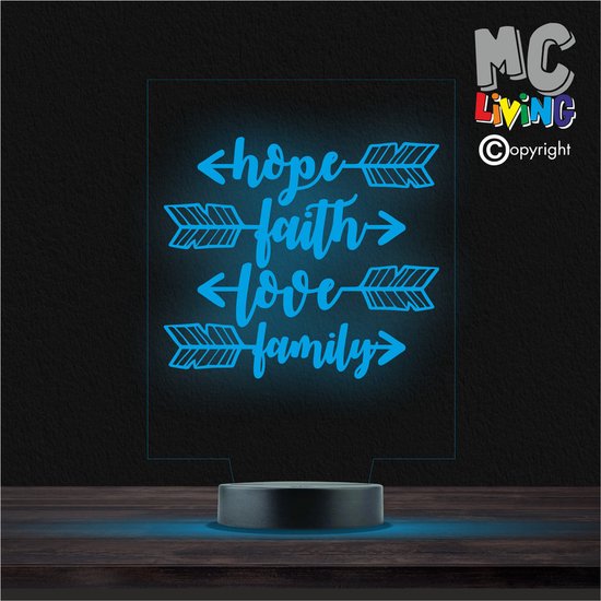 Led Lamp Met Gravering - RGB 7 Kleuren - Hope Faith Love Family van Merkloos
