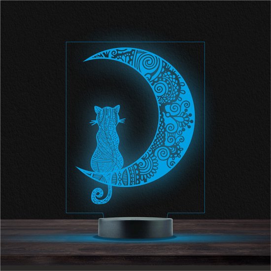 Led Lamp Met Gravering - RGB 7 Kleuren - Maan Kat van Balvi
