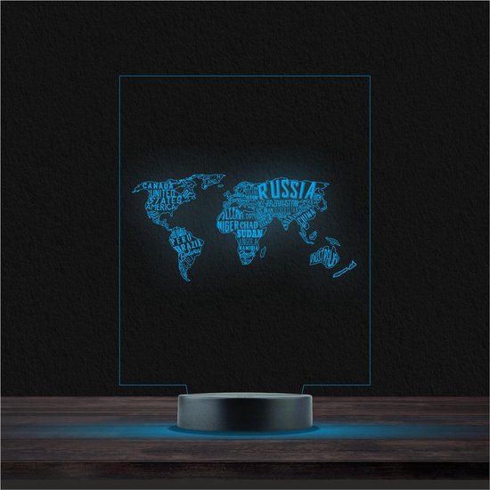Led Lamp Met Gravering - RGB 7 Kleuren - Wereld Map van Merkloos