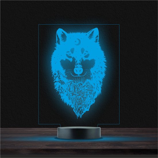 Led Lamp Met Gravering - RGB 7 Kleuren - Wolf Maan van Litollo