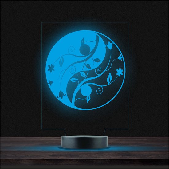 Led Lamp Met Gravering - RGB 7 Kleuren - Yin Yang Bloemen van Merkloos