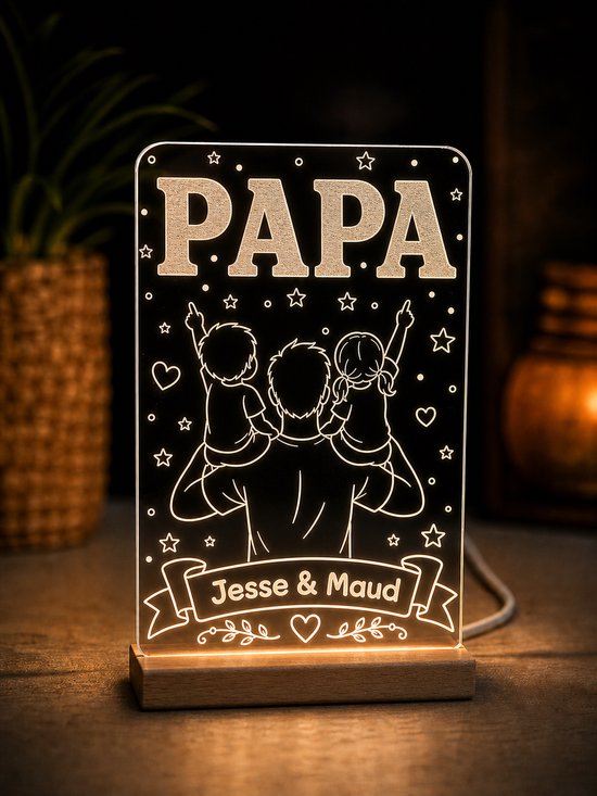 LED Lampje Papa Gepersonaliseerd met Namen – Vaderdag Cadeau - papa met jongen en meisje