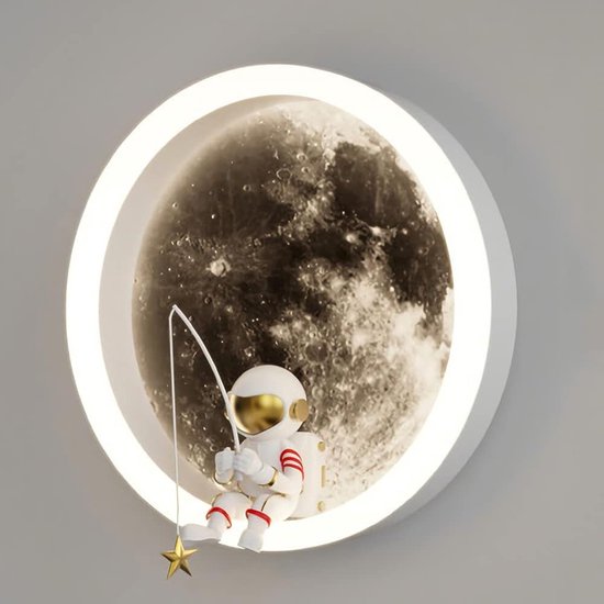 LED maan wandlamp voor kinderen, binnen, astronaut decoratie, creatieve ronde bedwandlamp,Bedrading vereist， 12W, 3000K, voor kinderkamer en slaapkamer (A: Wit)