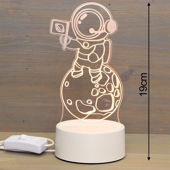 LED Nachtlamp Astronaut – Cartoonstijl – Op de Maan – Plexiglas 3D Kinderkamerlamp – Met USB Kabel & Lader – Ø10cm – Voor Ruimtefans van Merkloos