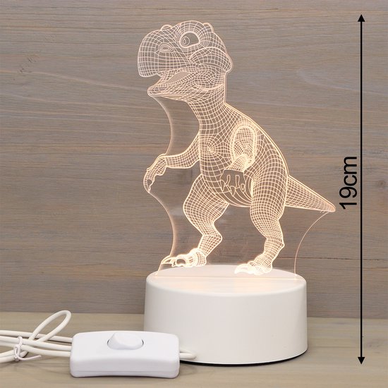 LED Nachtlamp Dino – 3D Plexiglas Sfeerlamp voor Kinderkamer – Met USB Kabel & Lader – Ø10cm – Stoer Dinosaurus Design van Gizzysaurus