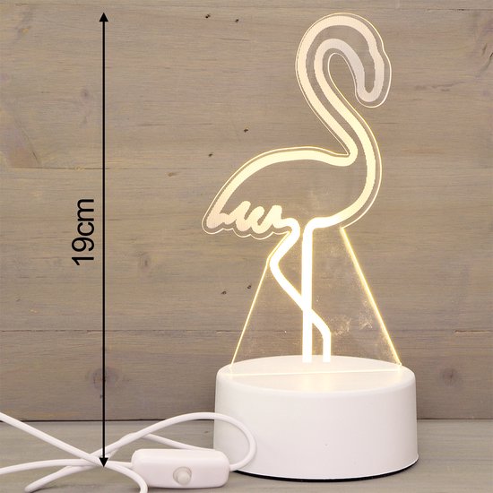 LED Nachtlamp Flamingo – Plexiglas 3D Kinderkamerlamp – Fiere Tropische Vogel – Met USB Kabel & Lader – Ø10cm – Sfeervolle Dierenlamp van Merkloos