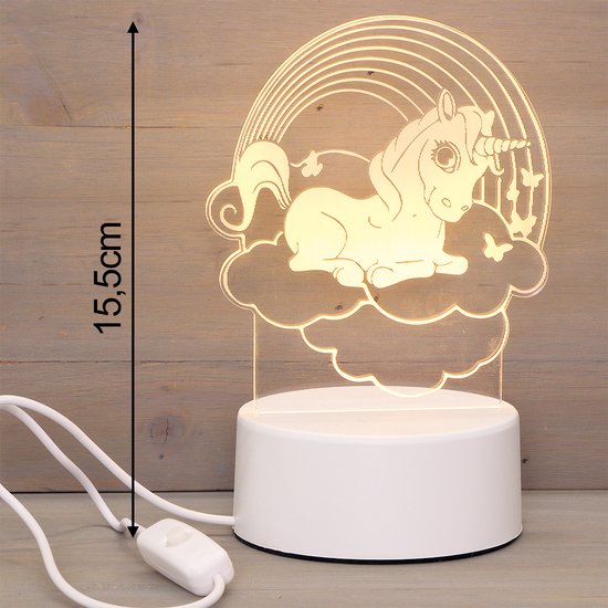 LED Nachtlamp Kinderkamer – Unicorn op Regenboog – Plexiglas 3D Effect – Met USB Kabel & Lader – Sfeerlamp voor Meisjes – Ø10cm van Merkloos
