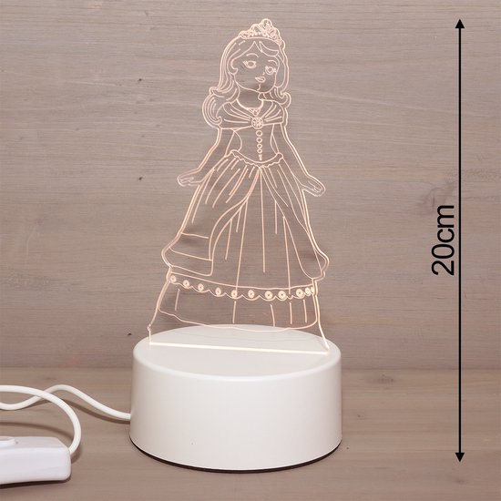 LED Nachtlamp Prinses – Assepoester Stijl – Plexiglas 3D Sprookjeslamp voor Kinderkamer – Met USB Kabel & Lader – Ø10cm – Voor Kleine Royalty’s