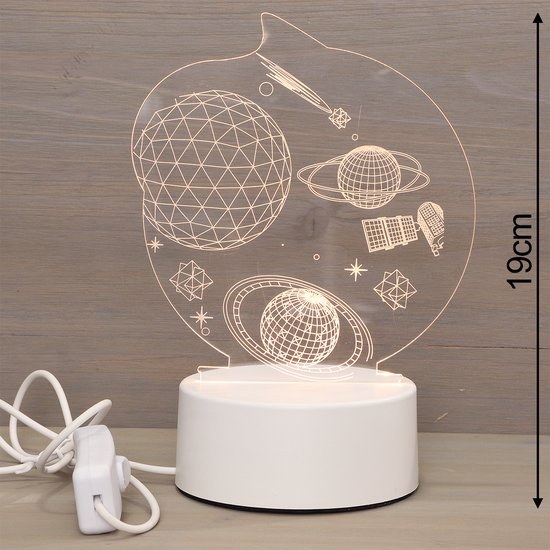 LED Nachtlamp Ruimte – Planeten, Raket & Sterren – Plexiglas 3D Kinderkamerlamp – Met USB Kabel & Lader – Ø10cm – Voor Kleine Astronauten van Hextom