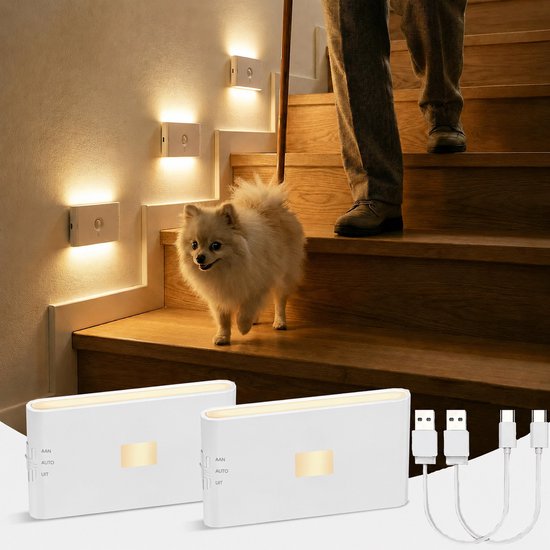 LED nachtlampje ×2 - Met bewegings- en schemersensor - USB-C oplaadbaar (3000mAh) - Draadloze kastverlichting - Voor kinderkamer, trap, slaapkamer, gang