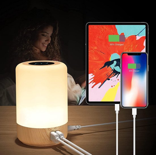 LED Nachtlampje - 4 USB Oplaadpoorten - Nachtlamp met Touchcontrol - Lamp met Verschillende Kleuren - Geschikt voor Kinderen & Volwassenen van MEMOZZ