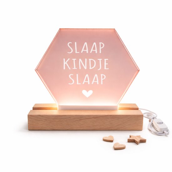 LED Nachtlampje Babykamer – Slaap Kindje Slaap – Kinderlamp – Warm Licht – Houten Voet – Kraamcadeau – 15x14 cm van Merkloos