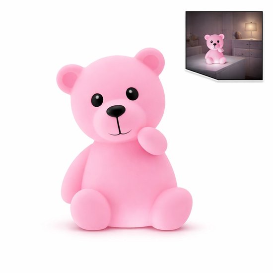 LED Nachtlampje Beer – Kinder Nachtlampje – Tafellampje Baby Kamer – Roze – 6 x 6 x 12 cm – Inclusief LR44 Batterijen van Merkloos
