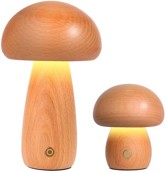 LED-nachtlampje, houten nachtlampje (set van 2, groot + klein), paddenstoelvormig nachtlampje voor kinderen, draadloze USB-nachtlamp voor baby's van Merkloos