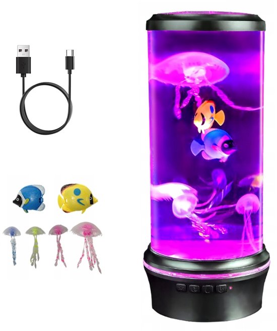 LED-nachtlampje in de vorm van een kwal - Sfeerverlichting voor op het bureau - Gesimuleerde kwal - Aquariumornament - Stille verlichting - Vorm van een kwal - 7 RGB-kleuren - 3 helderheidsniveaus - USB - Verjaardagscadeau - Woondecoratie - Zwart