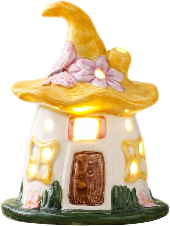 LED Nachtlampje - Keramiek lamp - Nachtlampje in een schattige vorm - Keramische huisjes in 'Magic Hat'-stijl - rustieke tafeldecoratie - Ideaal voor Kinderkamer & Slaapkamer - Baby & Kinderkamer Decoratie - Geel