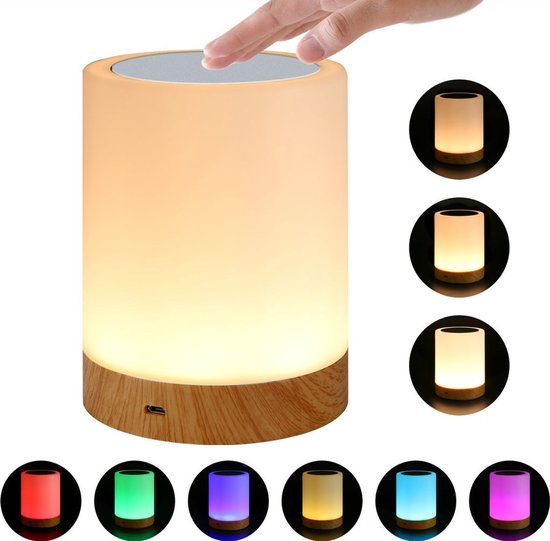 LED-nachtlampje, LED-bedlamp, aanraakgevoelige dimbare tafellamp, creatief oplaadbaar nachtlampje met houtnerfmotief, verkrijgbaar in zeven kleuren.