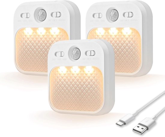LED Nachtlampje met Bewegingsdetector (30 dagen standby), Oplaadbare Bewegingsmelder Lamp, Magnetische Patchlamp met USB-kabel, 3 Sensormodi Geschikt voor Gang, Slaapkamer, Kinderkamer, Trap (3-Stuks) [Energieklasse A+++] van VECINO