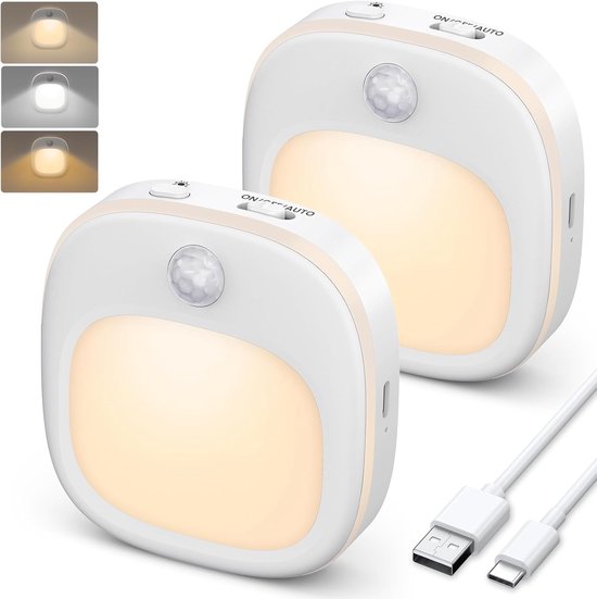 LED Nachtlampje met Bewegingsmelder, Set van 2 stuks Oplaadbare Plakbare Nachtlampjes, 3 Kleurtemperatuurmodi, 15% tot 100% Traploos Dimmen, Geschikt voor Trap, Hal, Slaapkamer en Keuken
