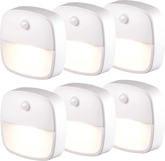 LED-nachtlampje met bewegingssensor, 6-pack nachtlampjes met bewegingssensor en batterij, zelfklevende trapverlichting, kastverlichting voor gang en slaapkamer, oriëntatieverlichting (warm wit) van AIMENGTE
