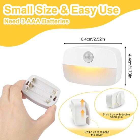 LED-nachtlampje met bewegingssensor - [Set van 4] Zelfklevend nachtlampje - Werkt op batterijen - Trapsensorlampje - Geschikt voor binnen - Ideaal voor badkamers, gangen, kledingkasten, keukens en kinderkamers, warm wit licht