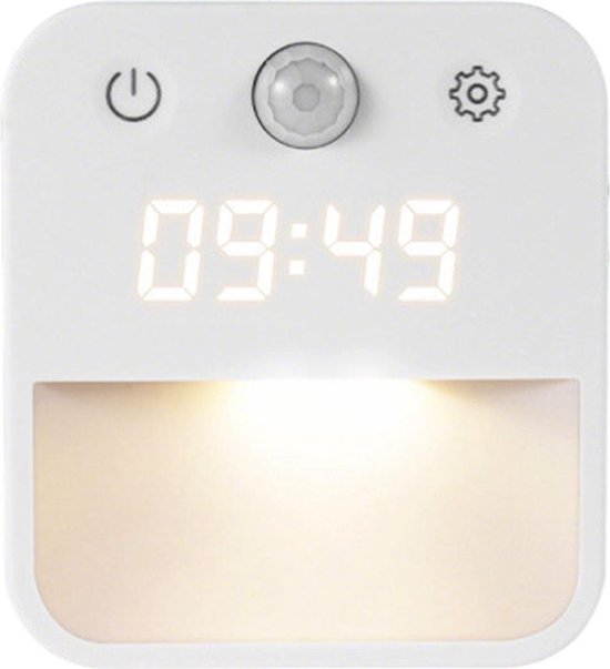 LED-nachtlampje met klok, bewegingssensor, wit/warm licht, dimbaar, stekker en lichtsensor; geschikt voor trappen en slaapkamers.