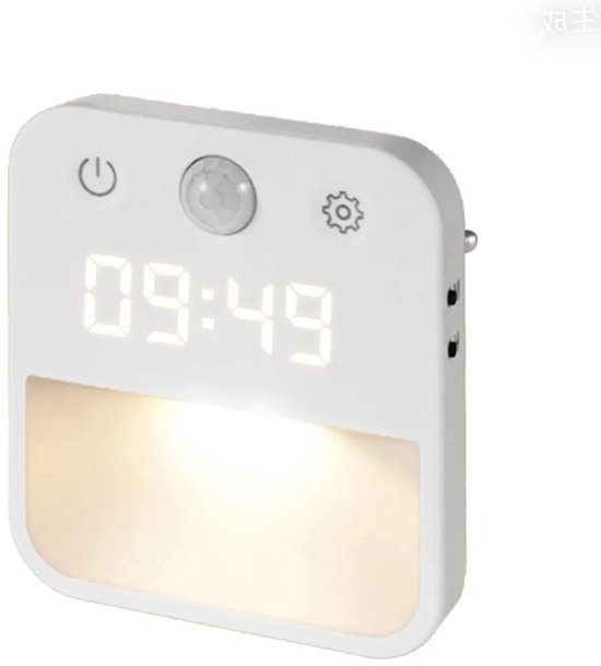 LED-nachtlampje, met stekker, bewegingssensor en klok, 3 kleurtemperaturen, dimbaar, geschikt voor trappen, slaapkamers en gangen. van Merkloos