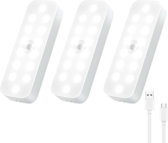 LED Nachtlampje - Nachtlampje met Bewegingssensor - Draadloze Led Lamp - 3 Stuks - Wit licht 6000k - Magnetisch - Met licht- Met dag/nacht- en bewegingsdetectie - Draadloos op Batterij - Wandlamp - Type-c opladen - Batterijduur tot 30 dagen van Merkloos