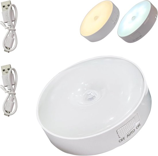 LED Nachtlampje - Nachtlampje met Bewegingssensor-Draadloze Ledlamp - 2 Stuks - 3 Standen - 1 wit licht 1 warm licht - LED Nachtlampje - Magnetisch - LED Kastverlichting en Trapverlichting met Sensor - Draadloos op Batterij - Wandlamp van Merkloos