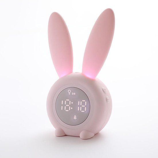 LED-nachtlampje - Nachtlampje met wekker - Cartoonkonijn - Kinderwekker met nachtlampje - 6 beltonen, schattige roze konijnenwekker voor kinderen - Aanraakbediening en oplaadbare slaaptrainer voor de slaapkamer van jongens en meisjes