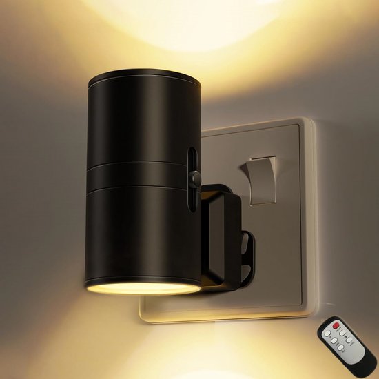 LED nachtlampje plug-in – Lamp met Schemersensor – Automatische Nachtlamp van Schemer tot Dageraad – Dimbare Lamp in 3 Kleuren voor Slaapkamer & Gang – met Afstandsbediening – 1 stuk Zwart