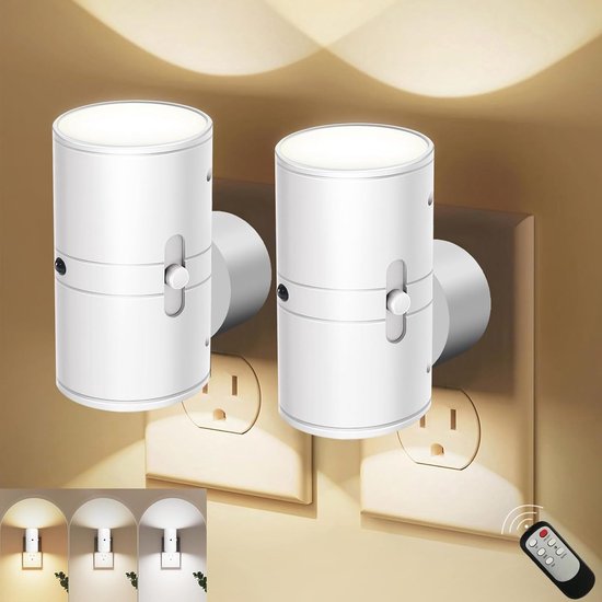 LED nachtlampje plug-in – Lamp met Schemersensor – Automatische Nachtlamp van Schemer tot Dageraad – Dimbare Lamp in 3 Kleuren voor Slaapkamer & Gang – met Afstandsbediening – 2-Pack Wit van Hology