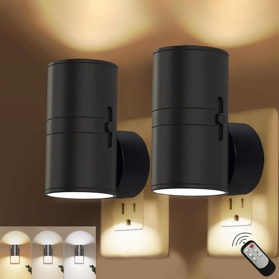 LED nachtlampje plug-in – Lamp met Schemersensor – Automatische Nachtlamp van Schemer tot Dageraad – Dimbare Lamp in 3 Kleuren voor Slaapkamer & Gang – met Afstandsbediening – 2-Pack Zwart