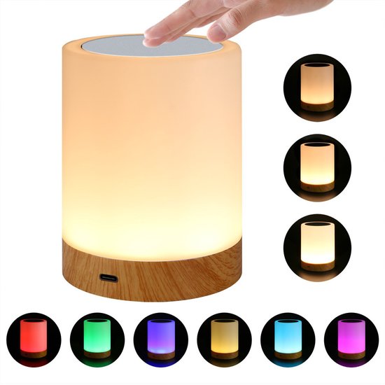 LED-nachtlampje - RGB-sfeerverlichting - Nachtlampje - Bureaulamp - Aanraakgevoelige dimfunctie - 7 kleuren - Creatief houtnerfdesign - USB-oplaadbaar