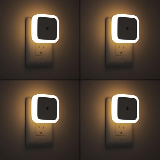 LED Nachtlampje Stopcontact 4-Pack - Met Dag en Nacht Sensor - Warm Wit LED Licht - Automatische Dimmer - Schemer-tot-zonsondergang - Voor Slaapkamer Badkamer En Gang - Energiezuinig Nachtlampje En Volwassenen 6.2 x 6.2 x 6 cm van Merkloos