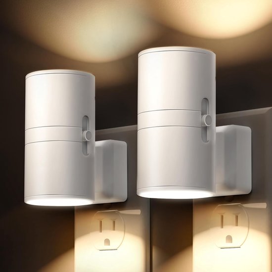 LED-nachtlampje voor in het stopcontact met lichtsensor (zwart) [Energie-efficiëntieklasse A] – 3 lichtkleuren,5 instelbare helderheidsniveaus – Geschikt voor gangen,slaapkamers, kinderkamers, keukens, garages en trappen – wit, EU-stekker,set van 2