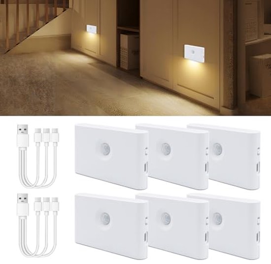 LED Nachtlampje voor Kinderen met Bewegingsmelder - 6 Stuks, Oplaadbaar USB, Warmwit Trapverlichting