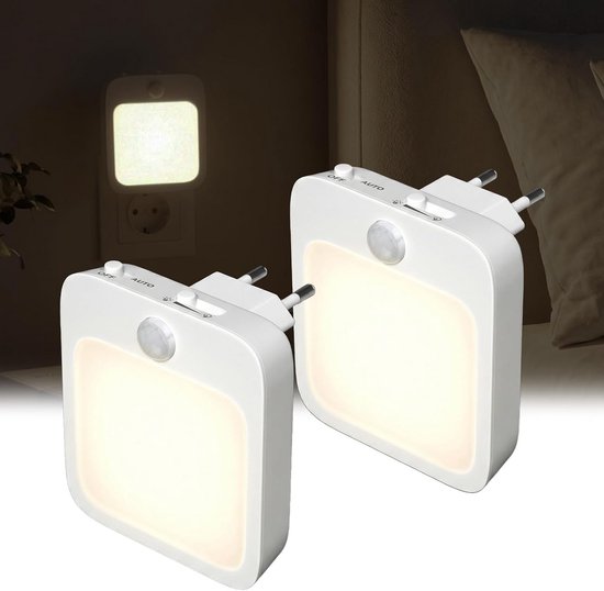 LED Nachtlampjes - Stopcontactlampjes - Veilig Navigeren - Met Bewegingssensor - 6.7 x 6 x 6 cm - Warm Wit